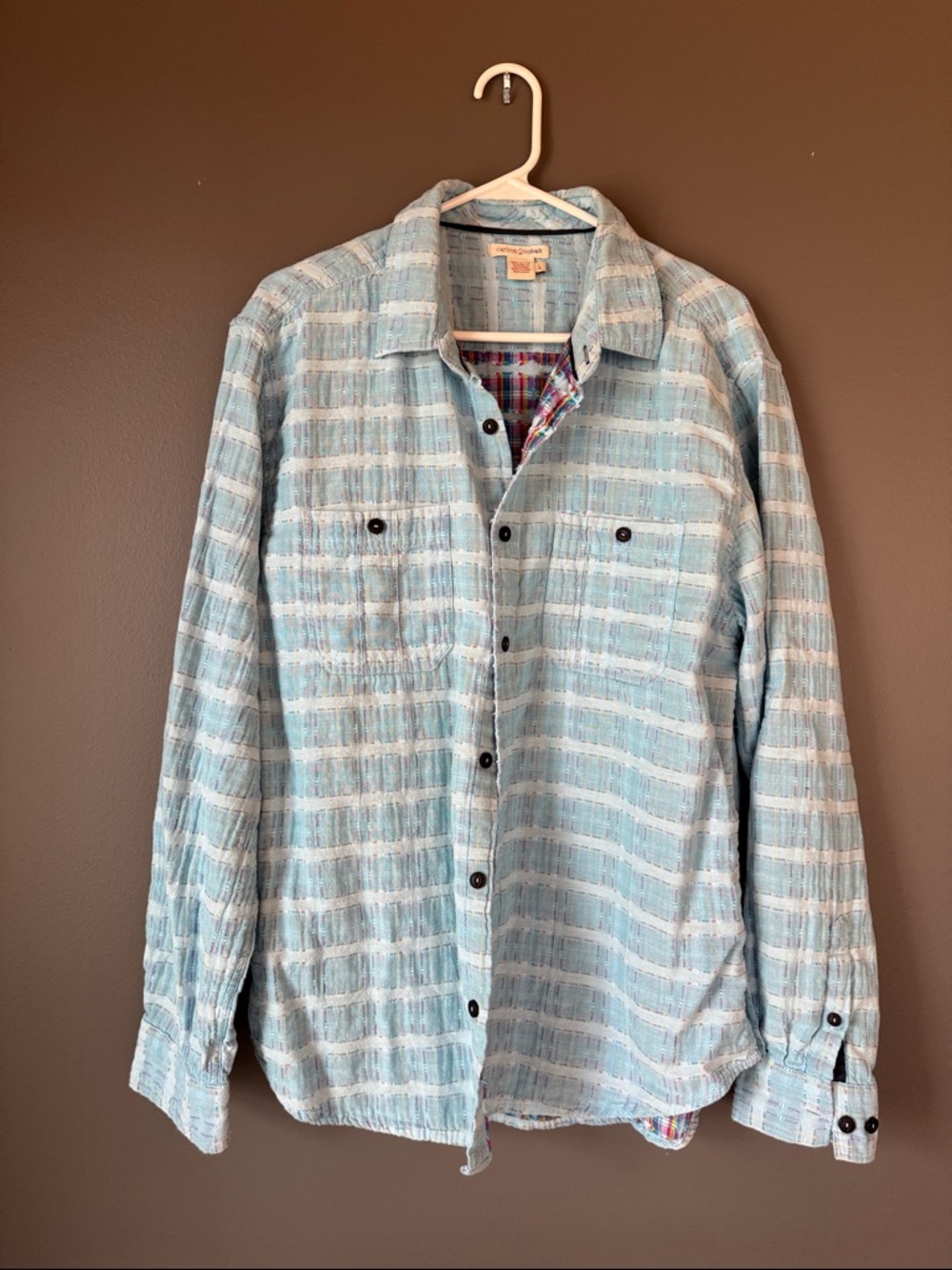 Carbon2Cobalt Light Blue Button-Up Shirt with Multicolor Plaid Trim